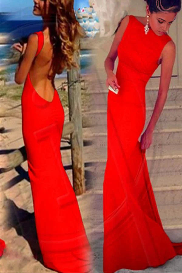 Vestido largo formal de gasa con espalda descubierta y corte entallado para noche y graduación